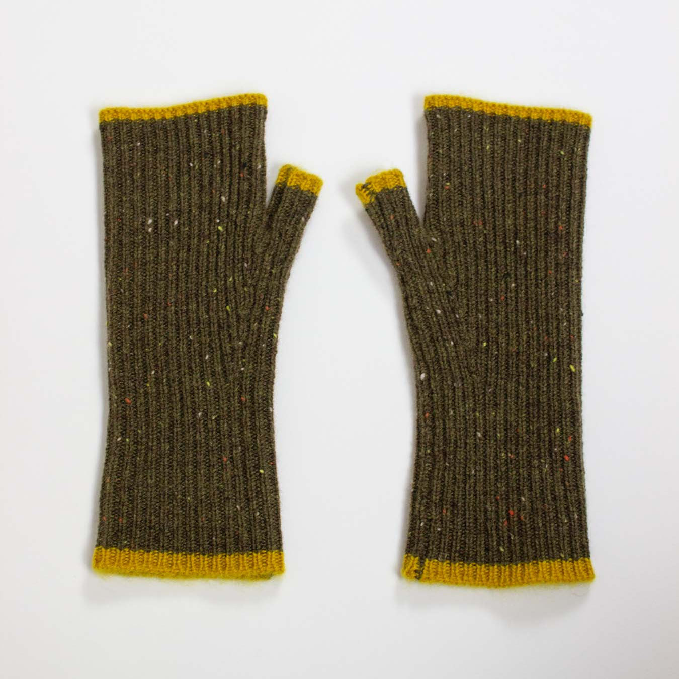 Pair of brown fingerless gloves with yellow trim on a white background