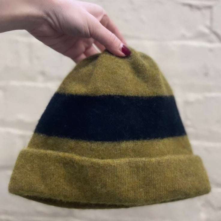 Olive green and navy striped wool beanie.