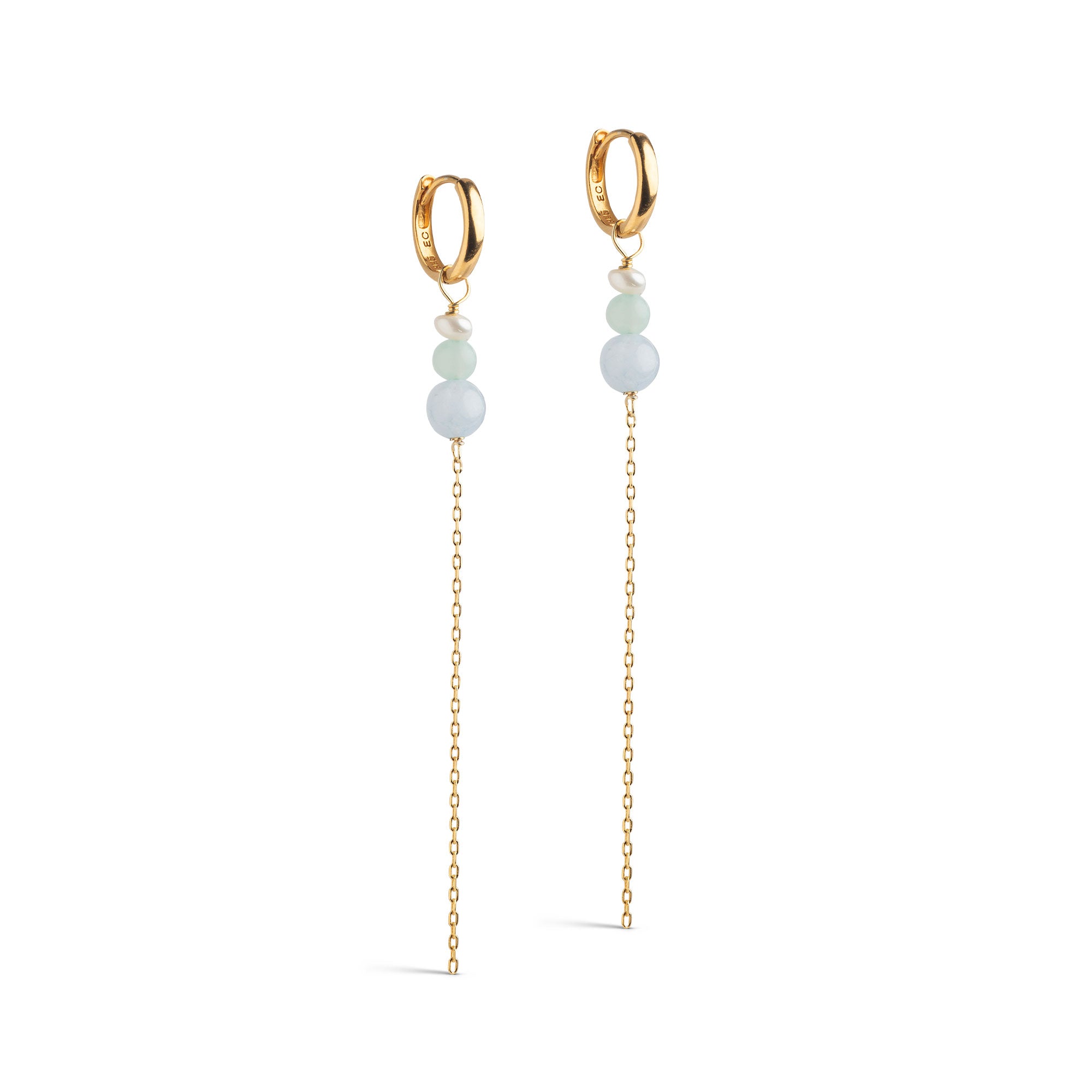Gold hoop earrings with delicate chains and light blue and white gemstone accents.