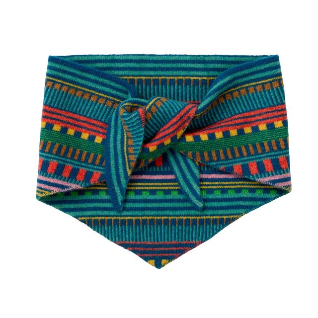 A multicolor patterned bandana or pet collar with a knotted front, featuring teal, green, red, orange, and yellow geometric stripes on a white background.