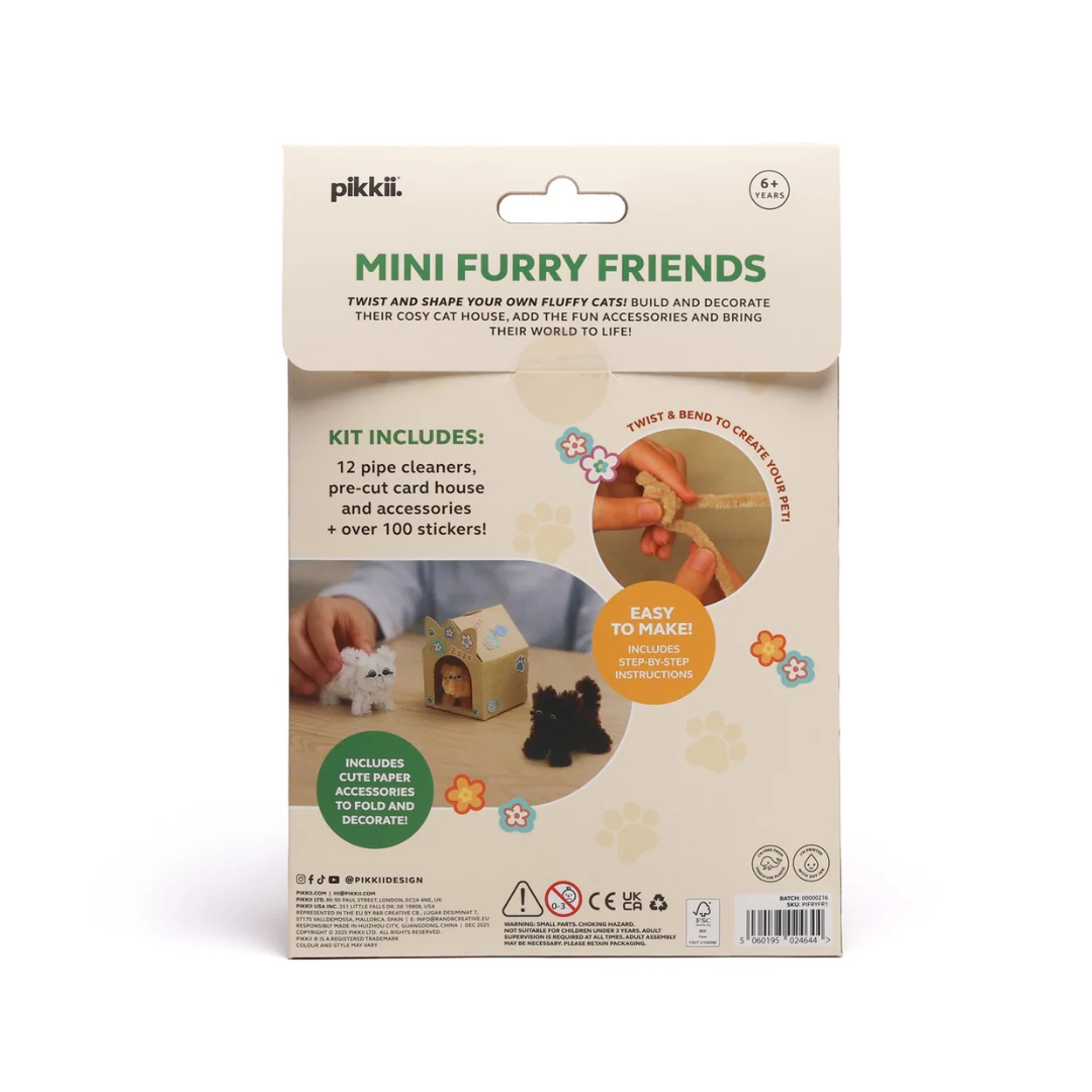 Pikkli Mini Furry Friends cat building kit in its original packaging, featuring a beige card with green and orange text and photos of the included accessories.