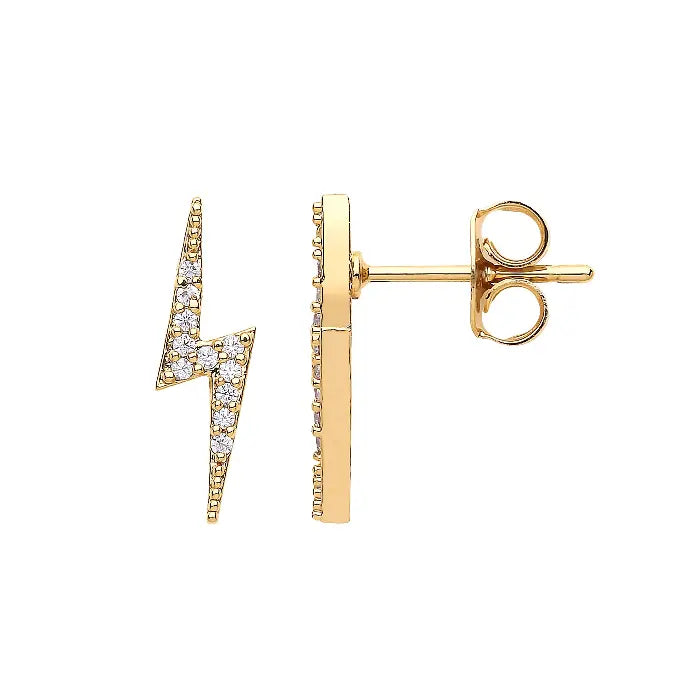 Gold lightning bolt earrings on a white background