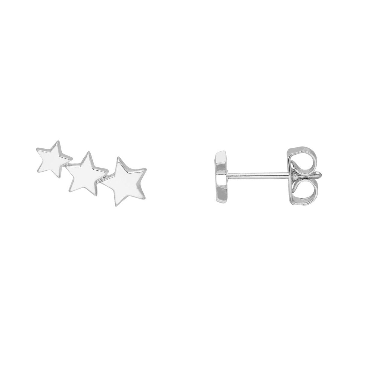 Silver star stud earrings. Three stars arranged in a curved line.  Post and butterfly clasp.
