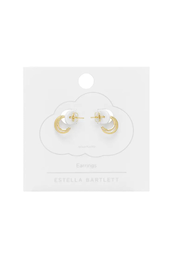 Gold-plated crescent moon earrings with small clear stones.