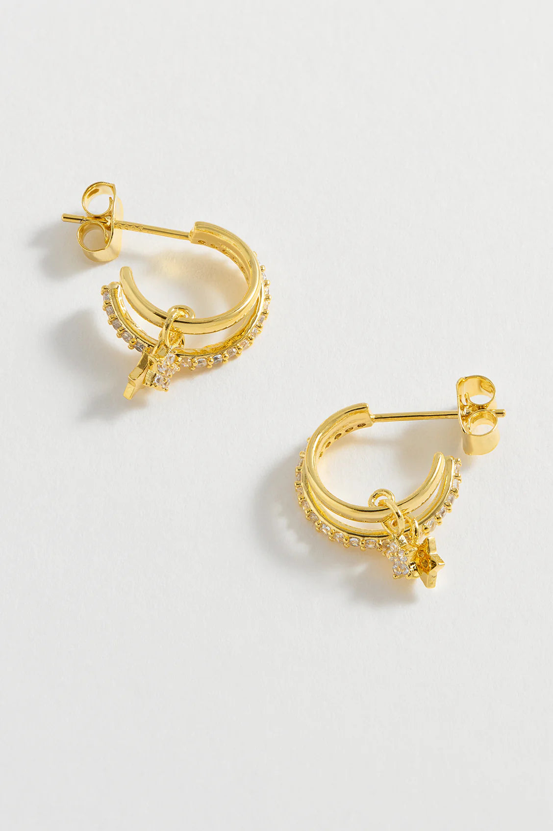 Duo Pave Star Stud Hoops - Gold Plated