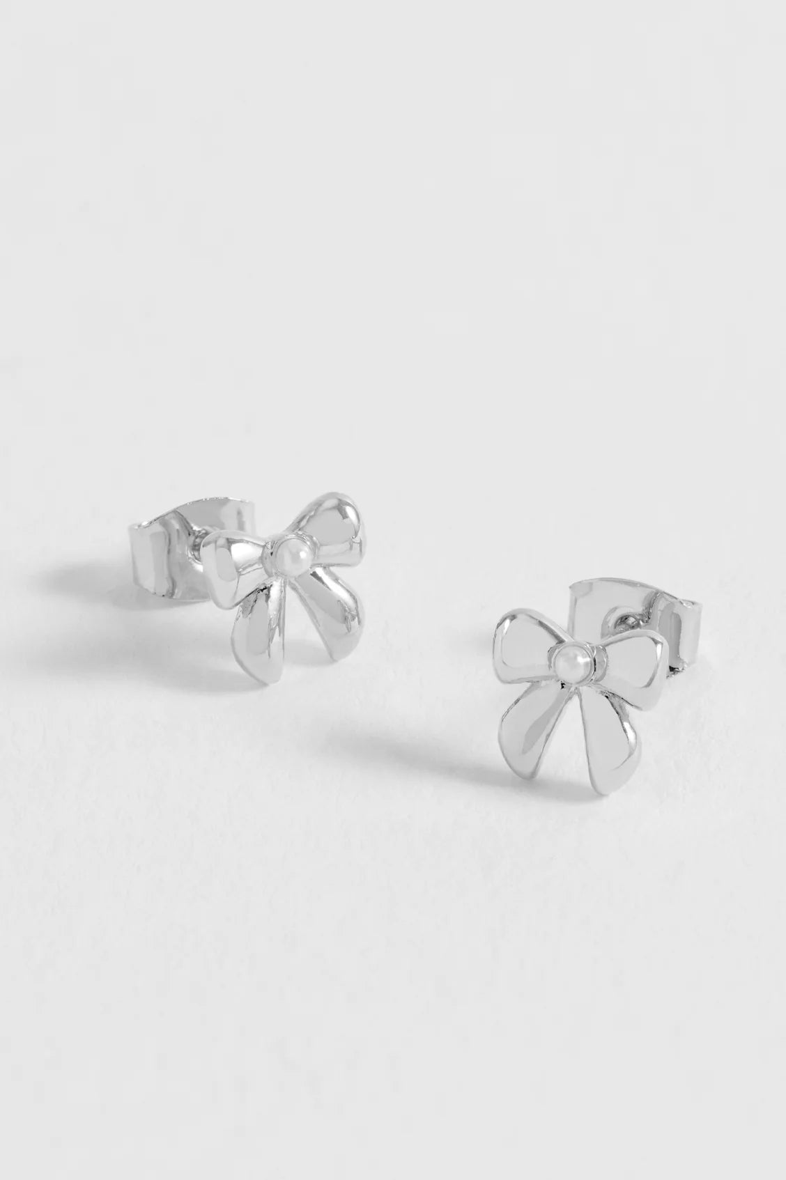 Pearl Bow Stud Earrings - Silver Plated