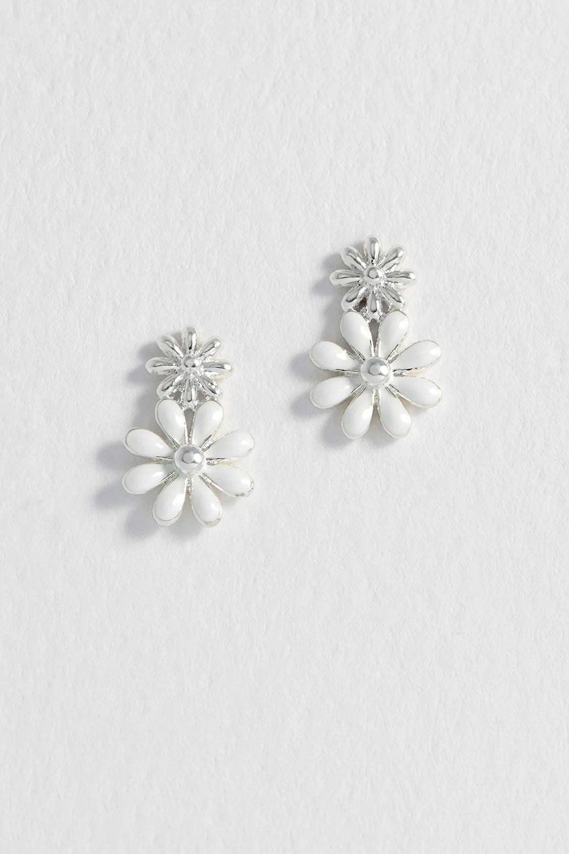 White Enamel Double Flower Studs - Silver Plated