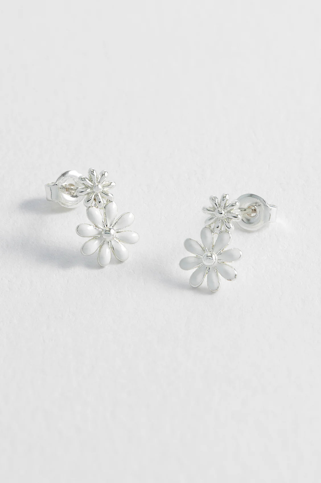 White Enamel Double Flower Studs - Silver Plated