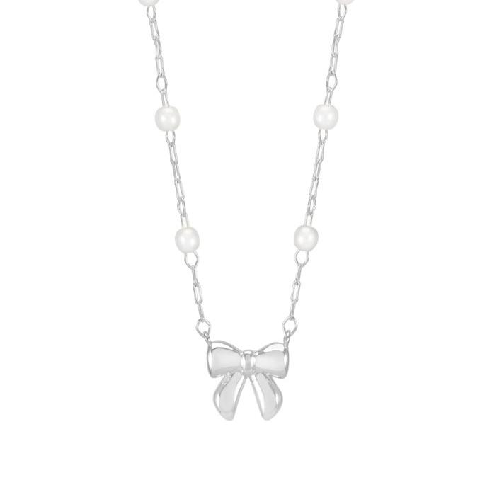 Pearl and Bow Chain Necklace - Silver