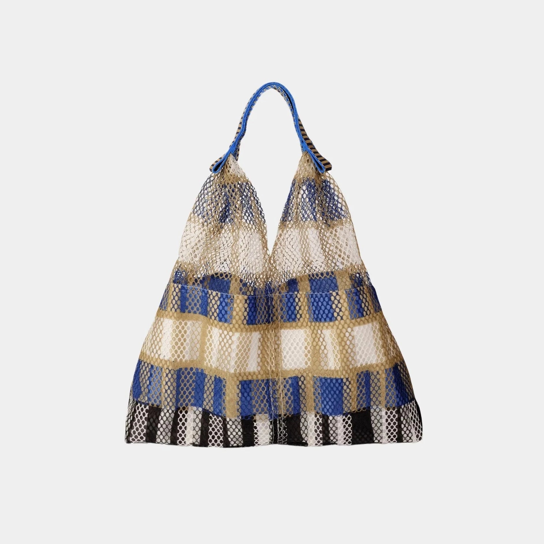 Blue, beige, and black checkered mesh tote bag with blue handles.