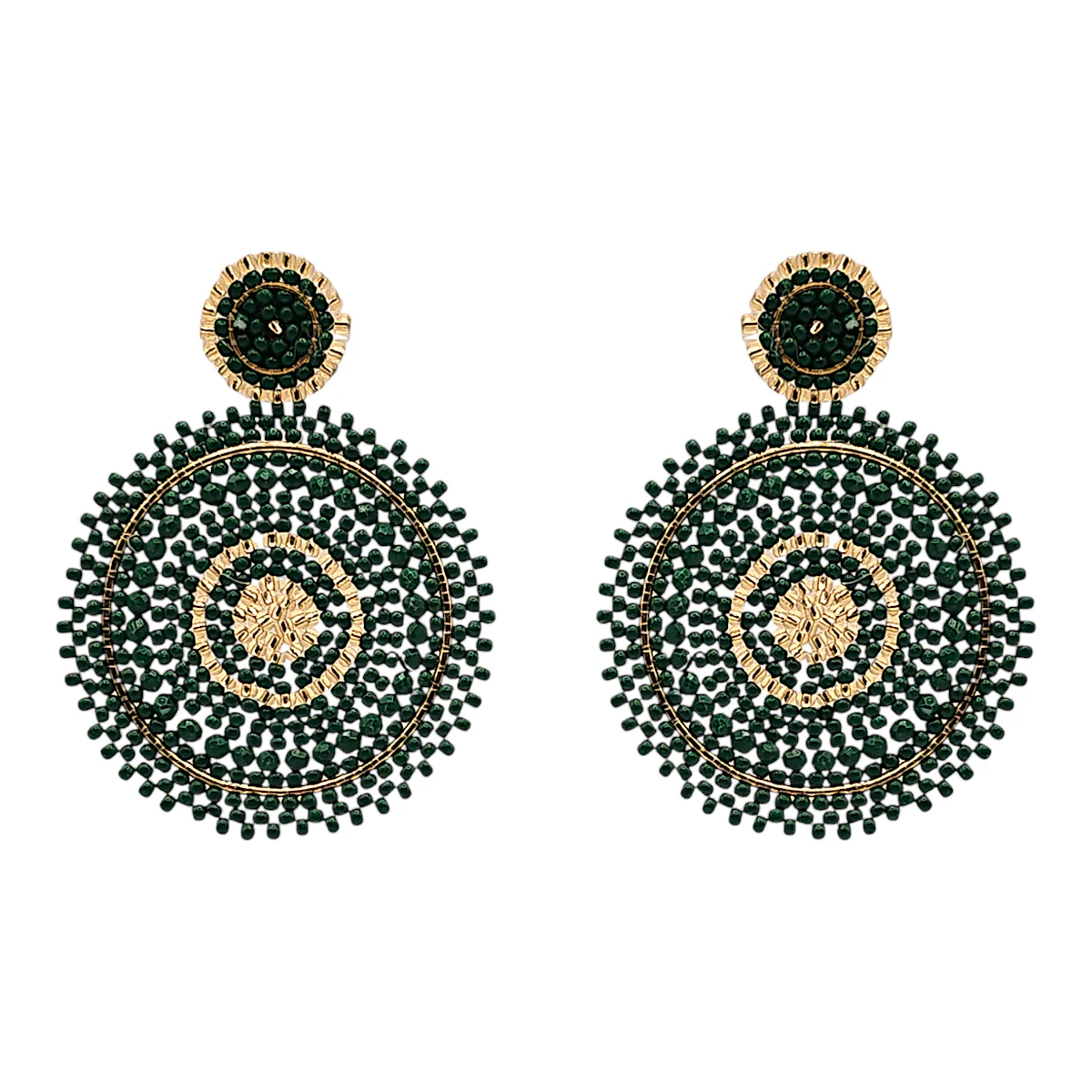 Pair of large, round beaded earrings.  Dark green and gold beads arranged in concentric circles.
