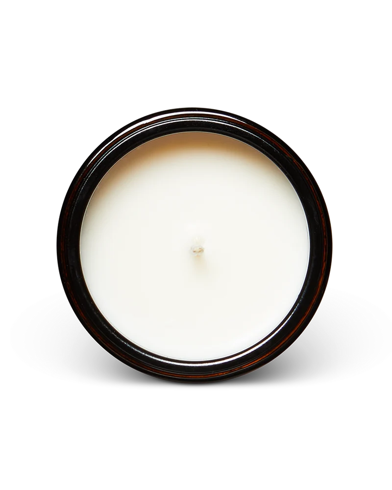 A top-down view of a round jar candle with creamy off-white wax and a glossy dark brown rim, centered on a clean white background.