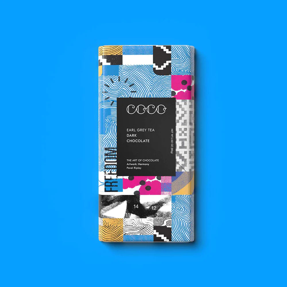 front label of a bar of Earl Grey Tea Dark Chocolate by Coco Chocolatier, Scotland.