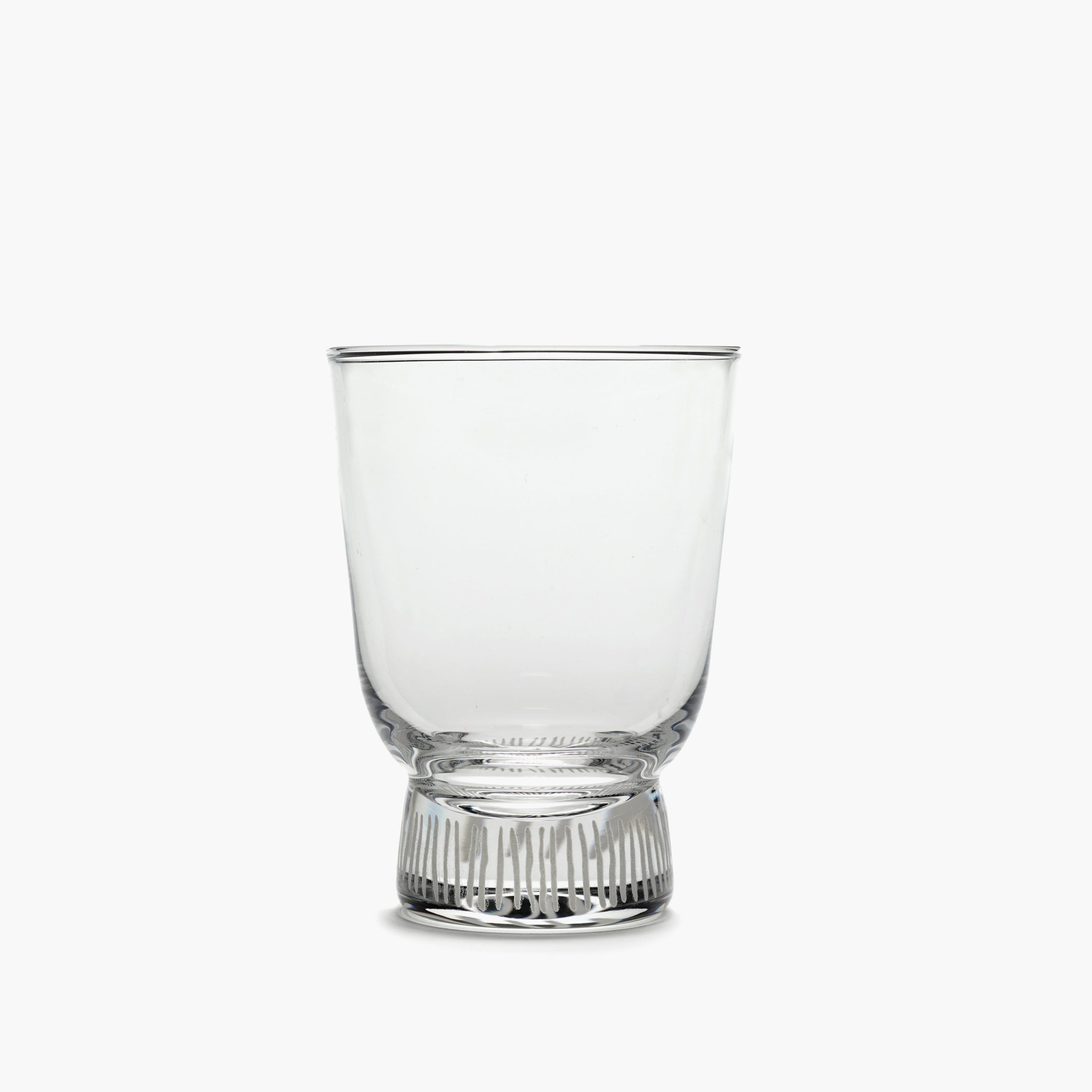 Clear glass with a textured, silver-toned base.  The glass is tall and slender, tapering slightly towards the base.