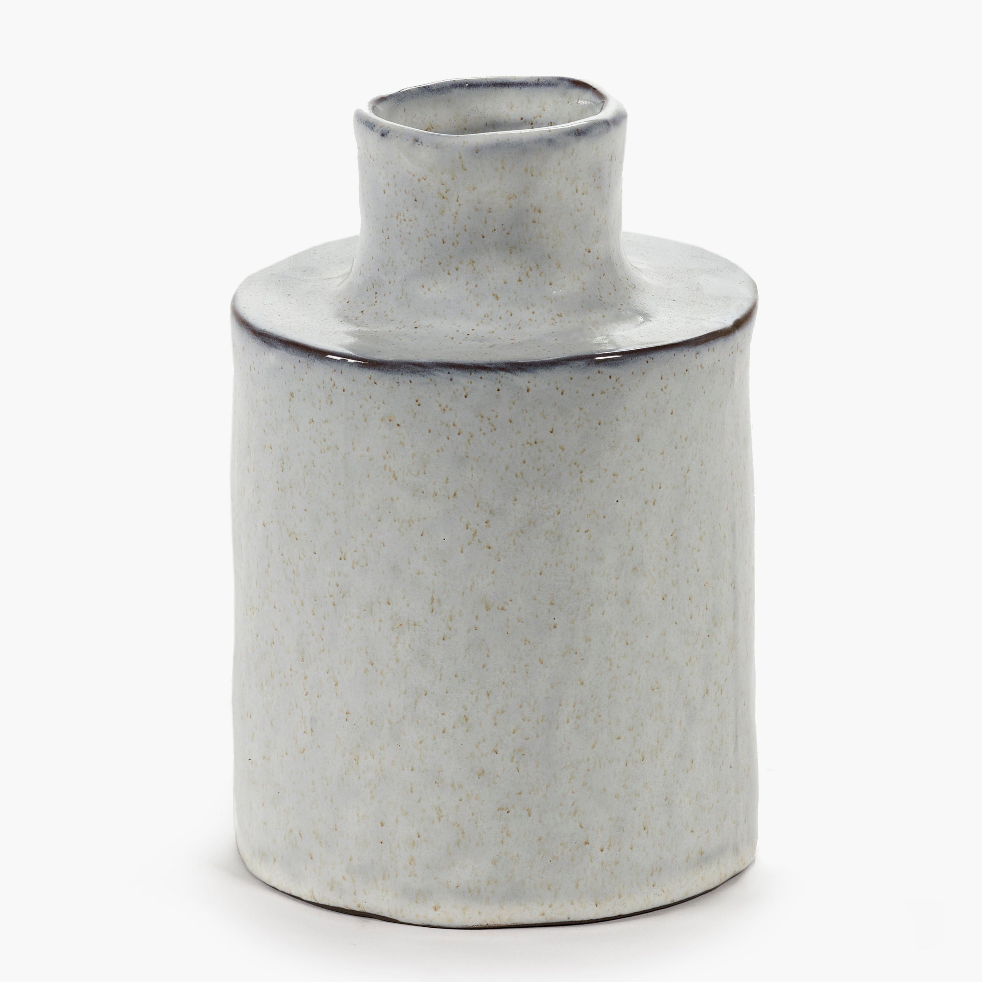 Off-white ceramic vase with a speckled texture and dark gray rim.