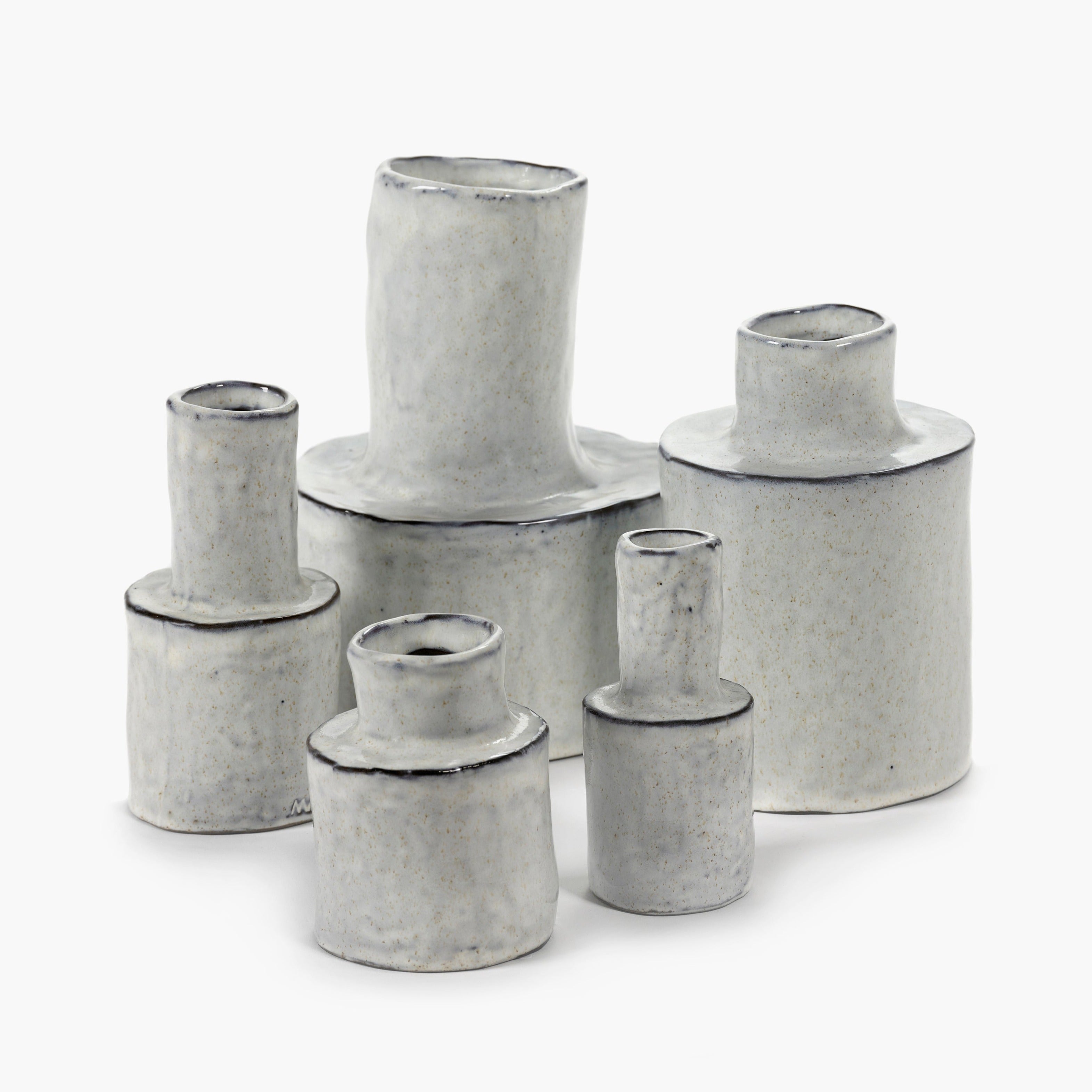 Set of five speckled gray ceramic vases, varying in size and shape; each with a dark rim.