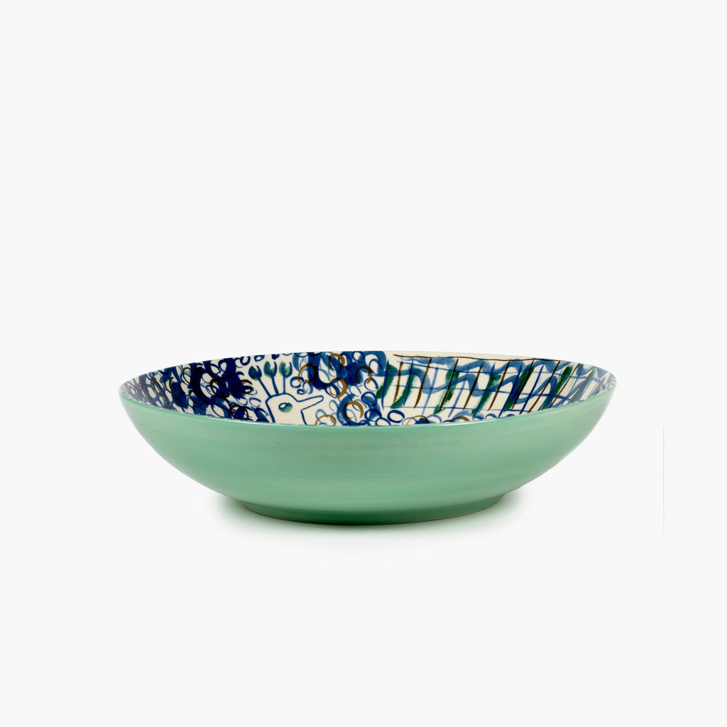 blue and green patterned bowl on a white background, designed by Bela Silva, as part of her Japanese Kimonos series for Belgian design brand Serax