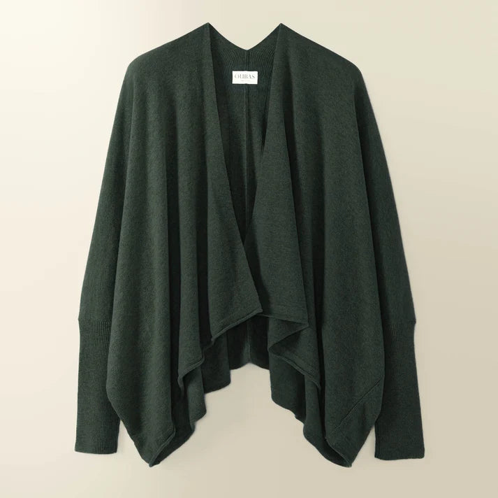 Dark green open-front cashmere cardigan with asymmetrical hem and long sleeves.