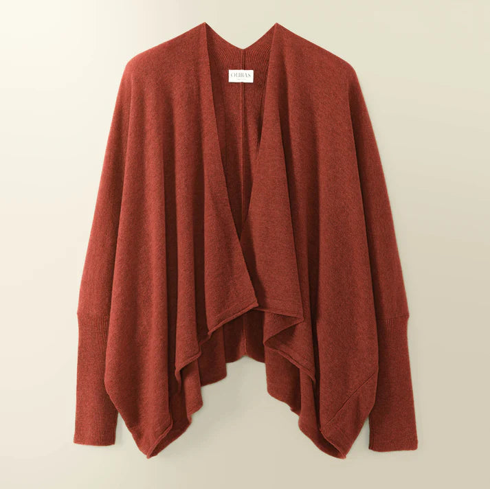 Rust-colored open-front cardigan with asymmetrical hem and long sleeves.