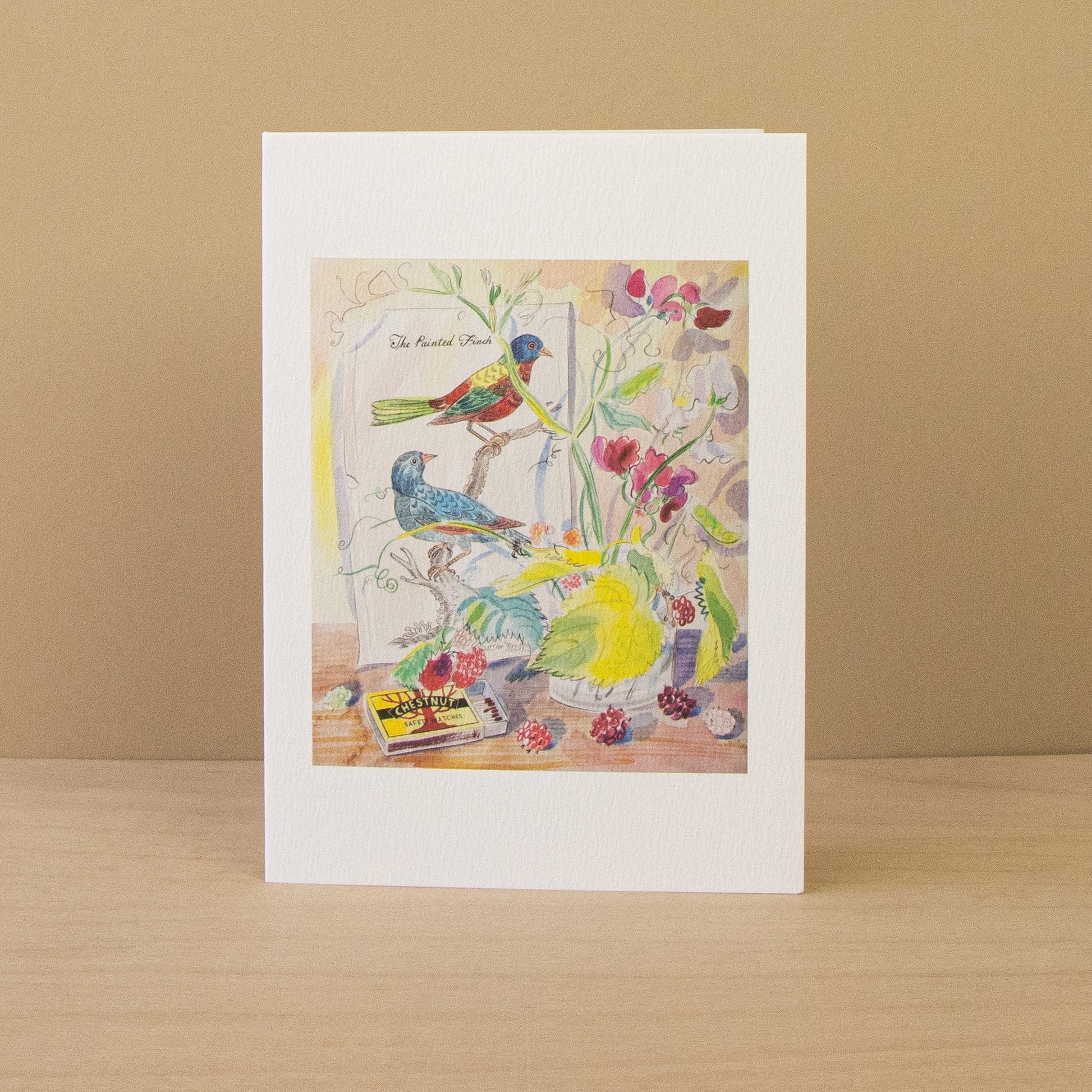Colourful illustration of birds and flowers on a white card with a white border, set against a beige background.