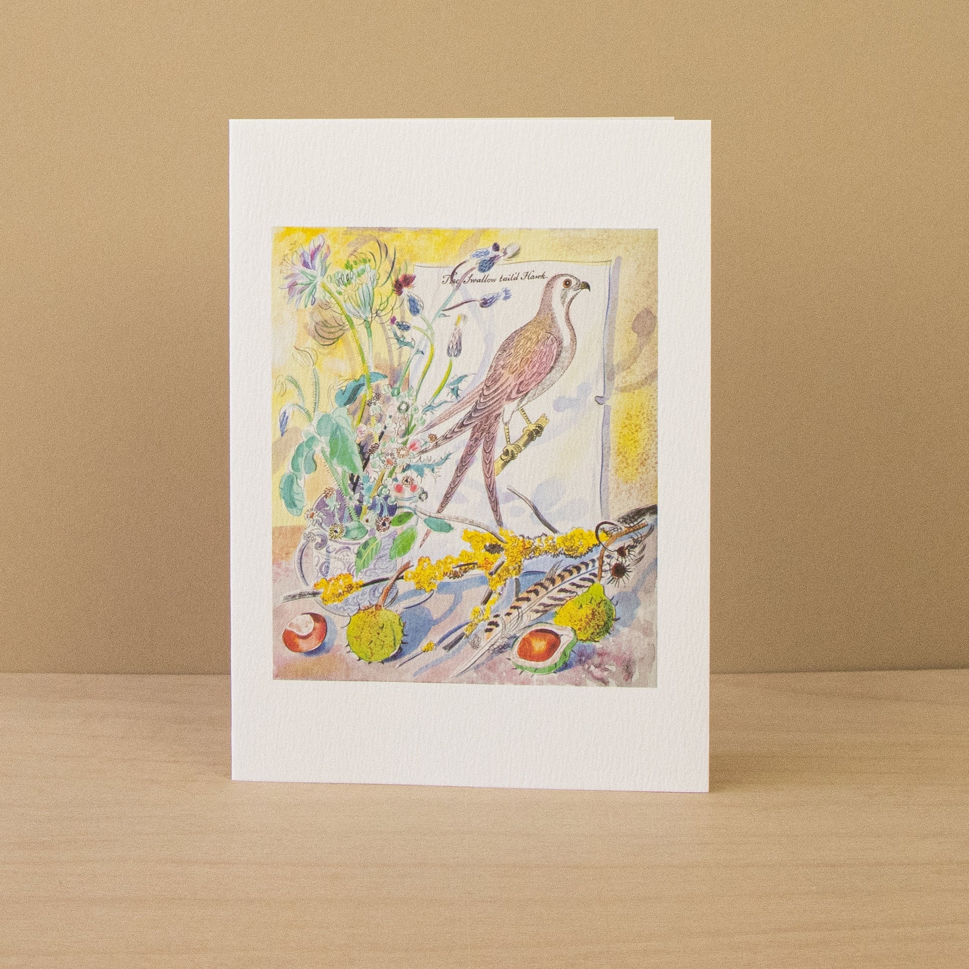Colourful illustration of a bird and flowers on a white card with a white border, set against a beige background.