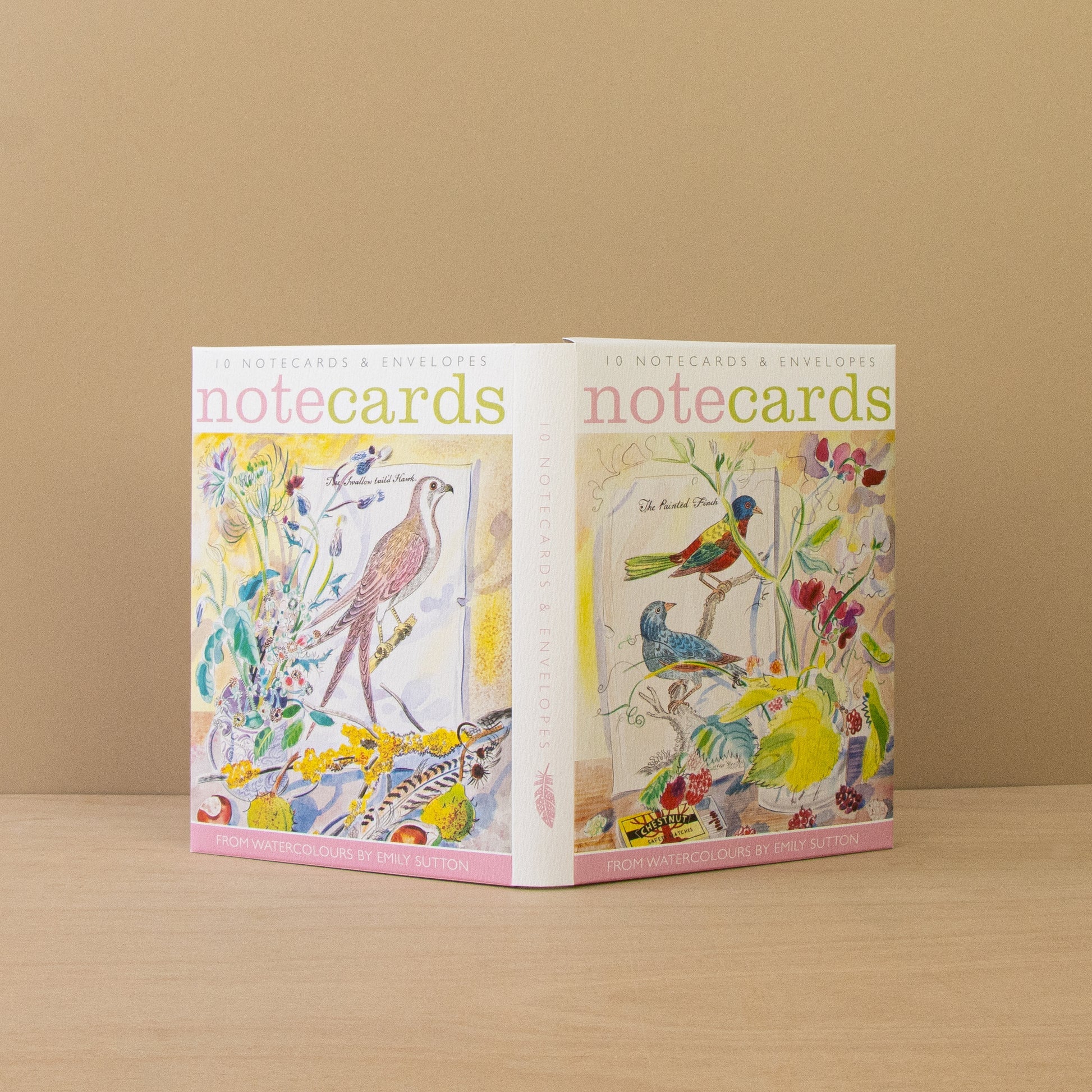 Pack of notecards with bird illustrations on a beige background
