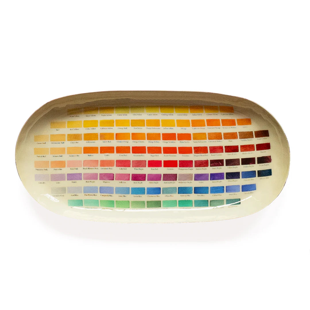 Color swatch tray with a wide range of colors on a white background