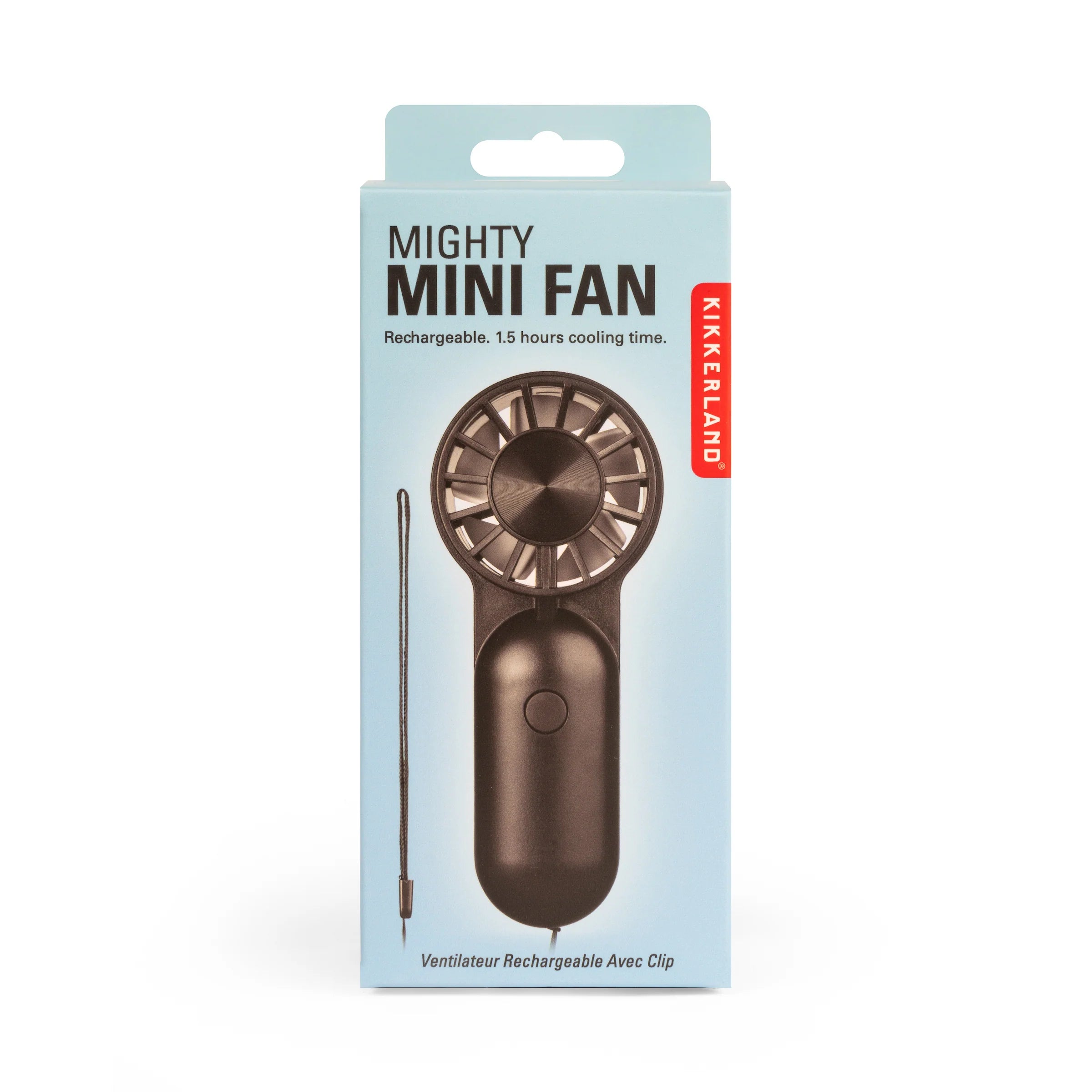 Black rechargeable mini fan with clip, shown in packaging.  Features multiple blades and a button.
