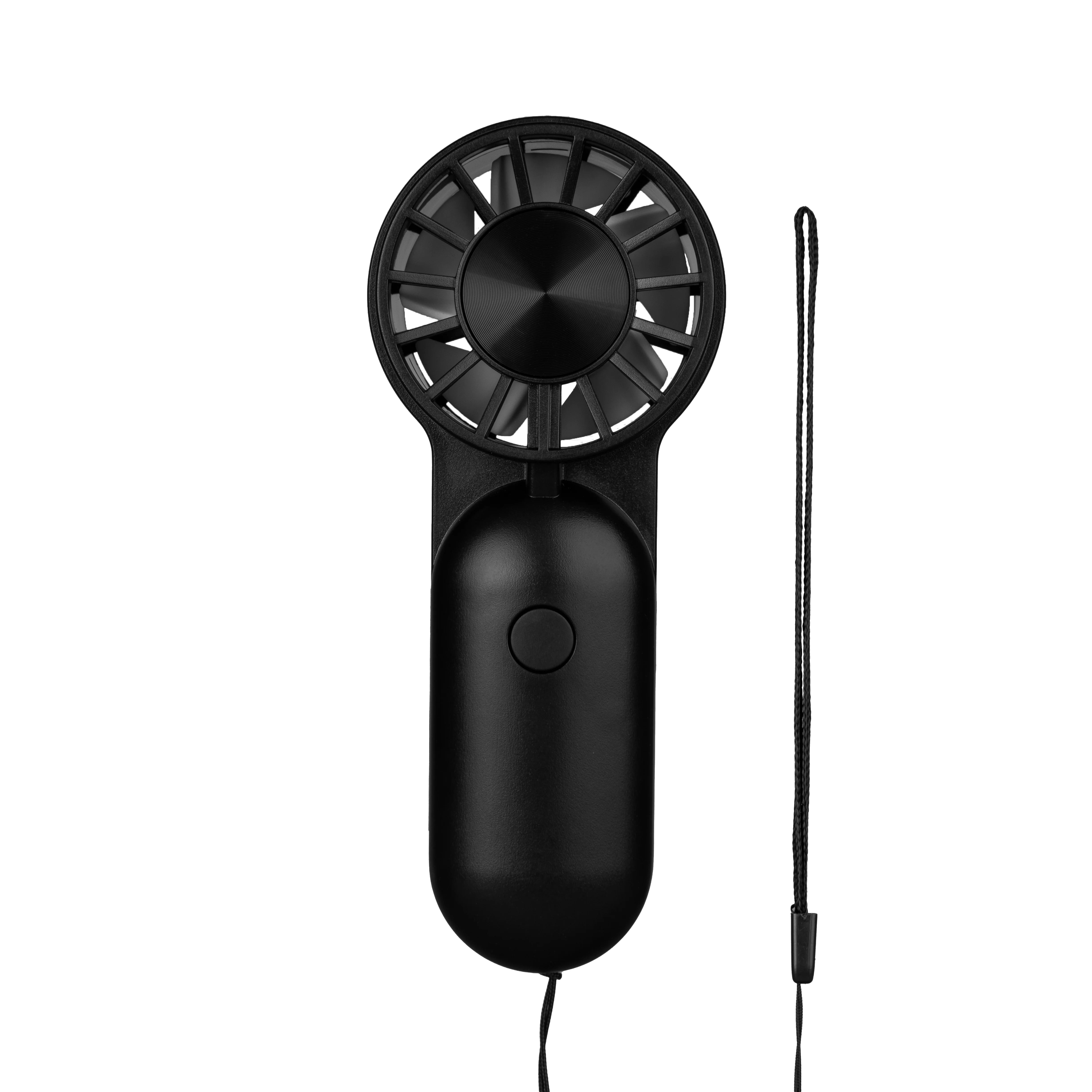 Black handheld personal fan with circular blades and a black lanyard.