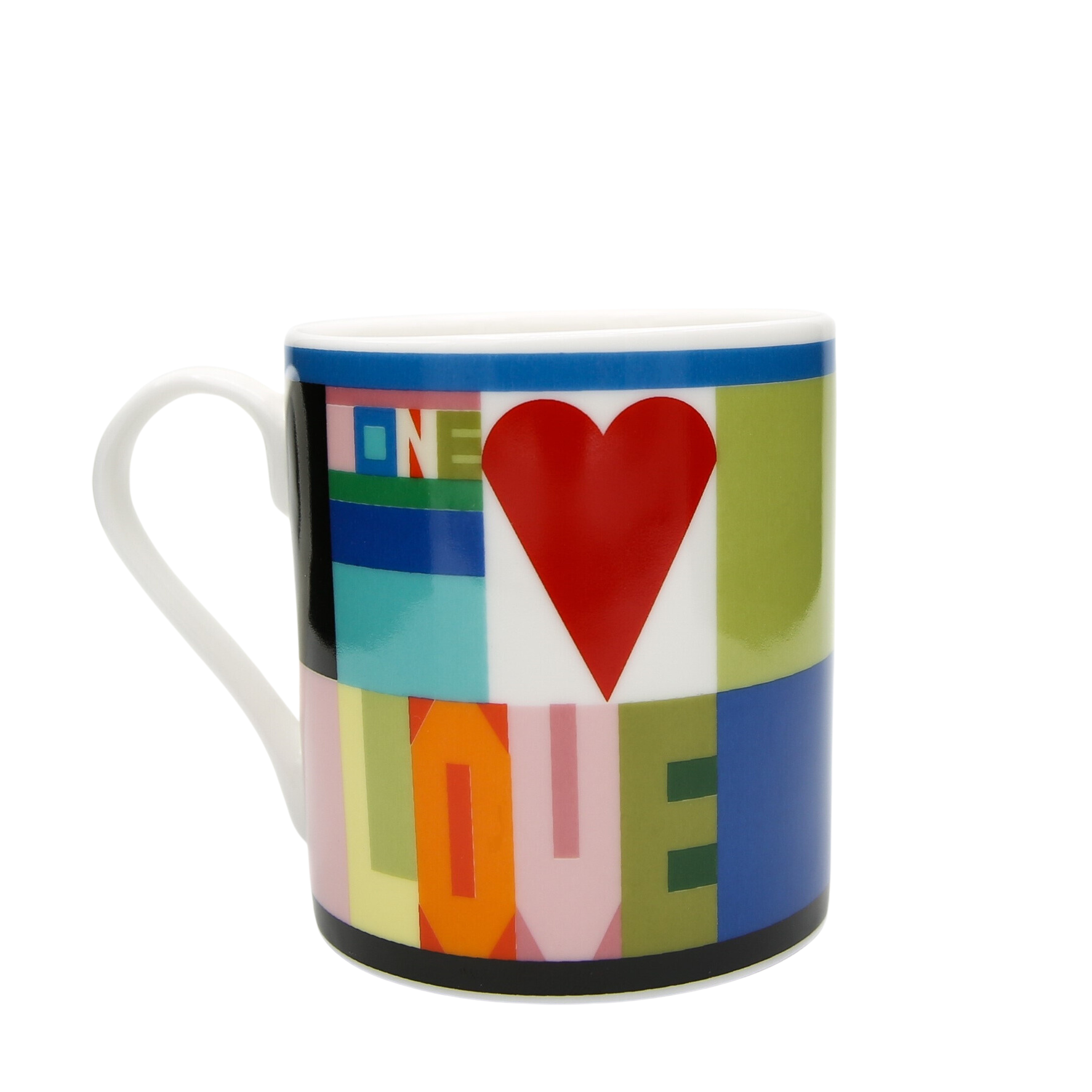 Mug with a colorful geometric design featuring a red heart and the word "LOVE" in a multicolored, segmented style.