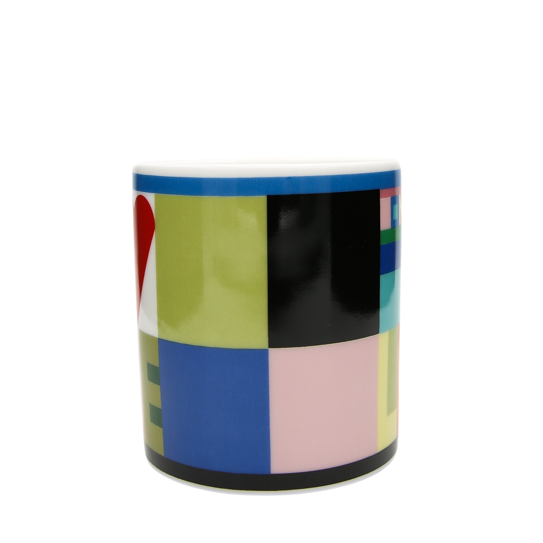 Mug with a geometric design featuring multicolored squares and a red heart.