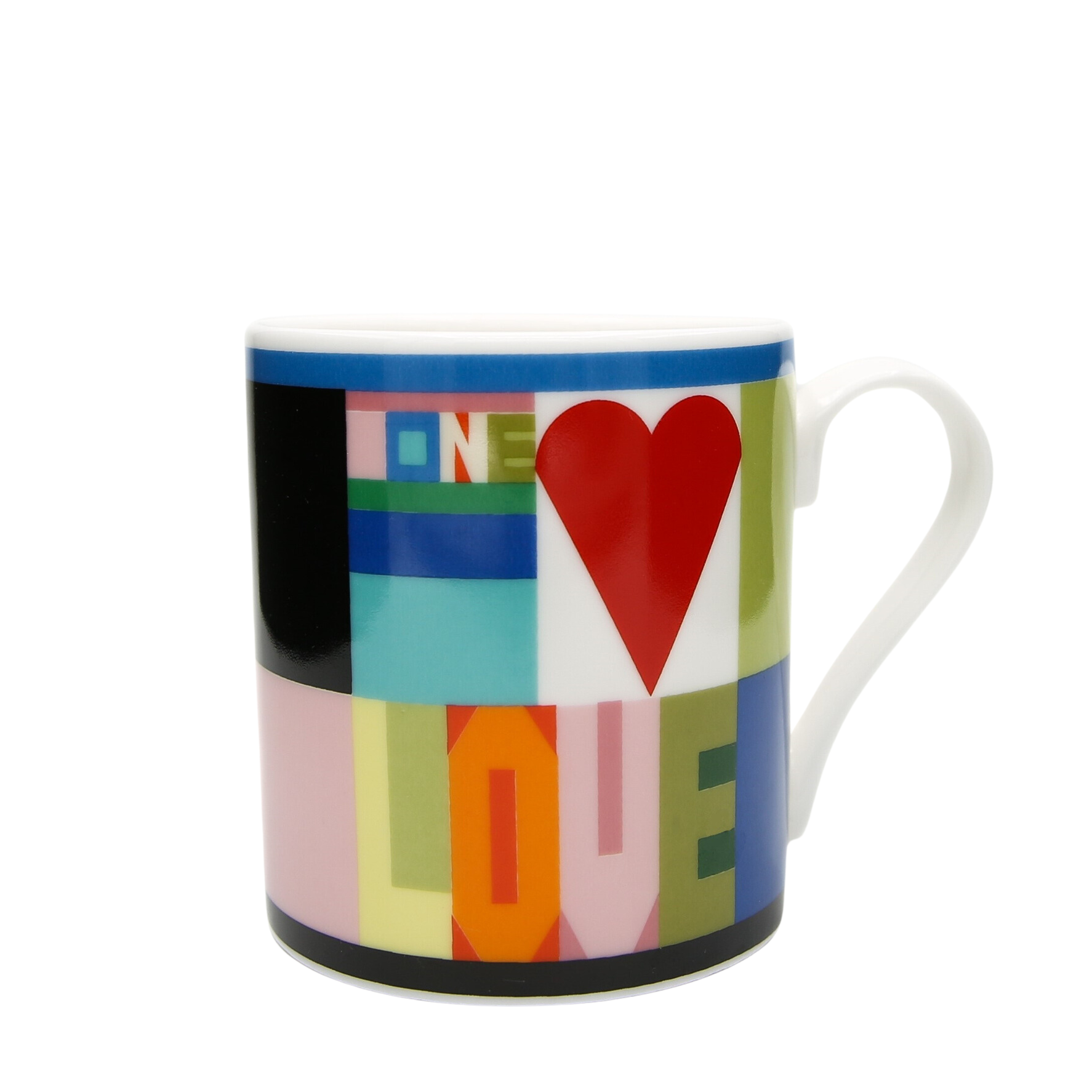 White mug with a colorful geometric design featuring a red heart and the word "LOVE" in a multi-colored, block-letter style.