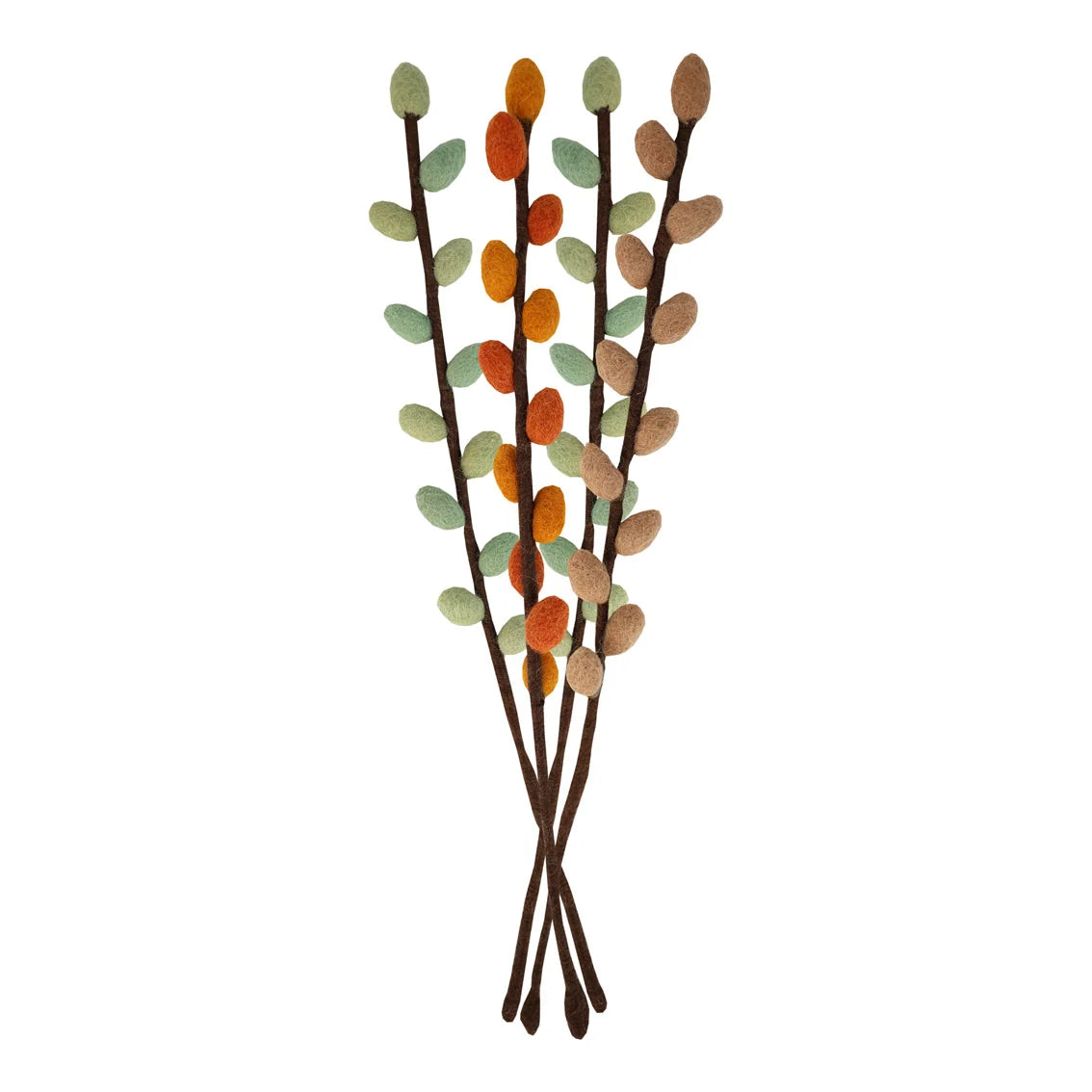 A decorative wall hanging or sculpture made of several brown branches with small leaf-like shapes in muted green, orange, tan, and cream, arranged against a plain white background.