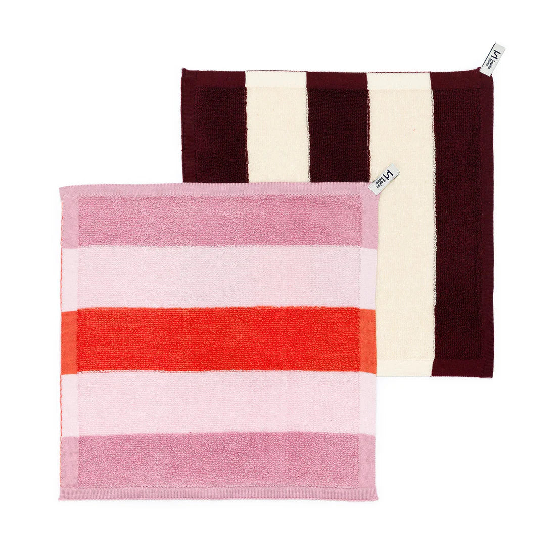 Two striped towels, one with red and pink stripes and the other with brown and white stripes, on a white background.