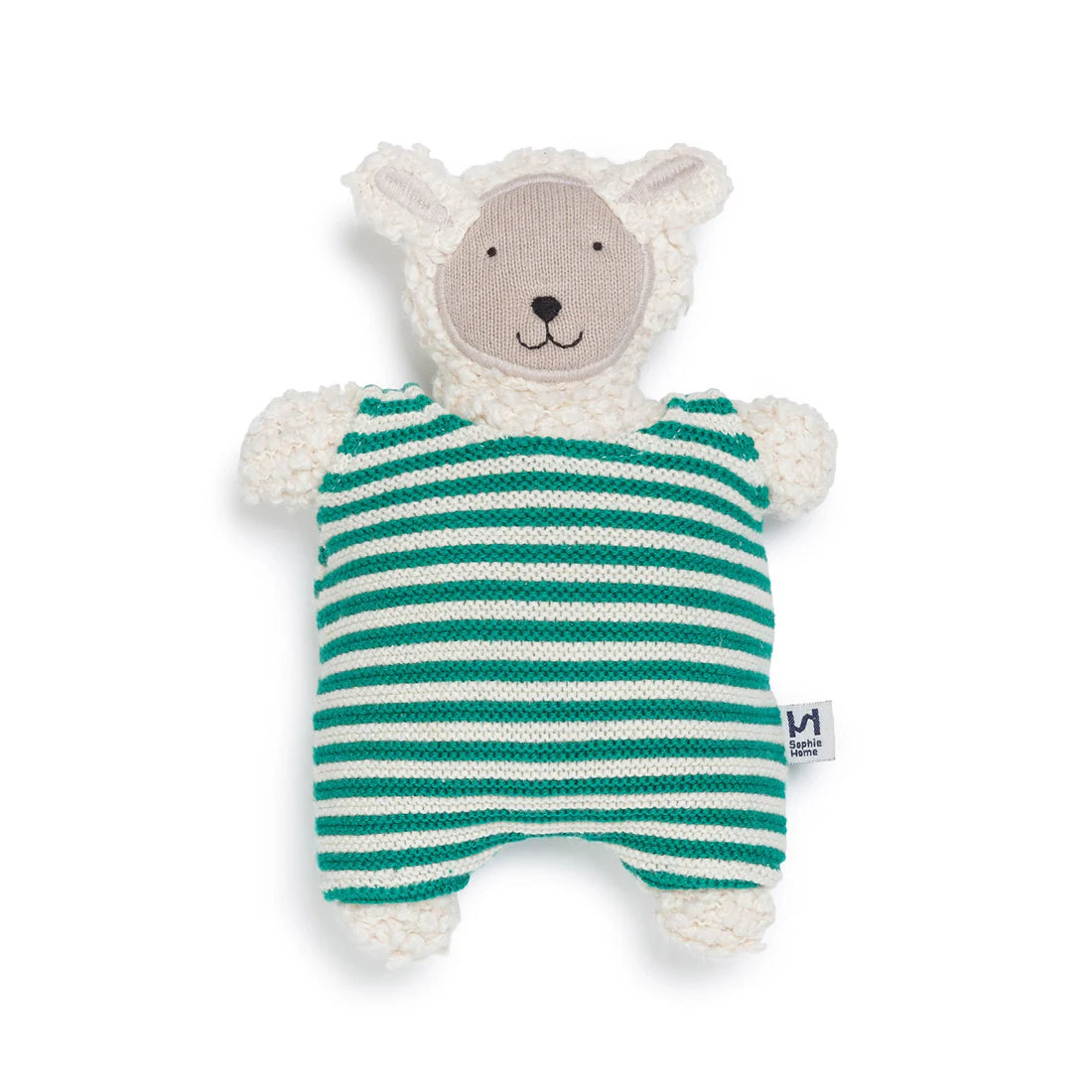 Knitted toy with a bear face and green and white striped body on a white background