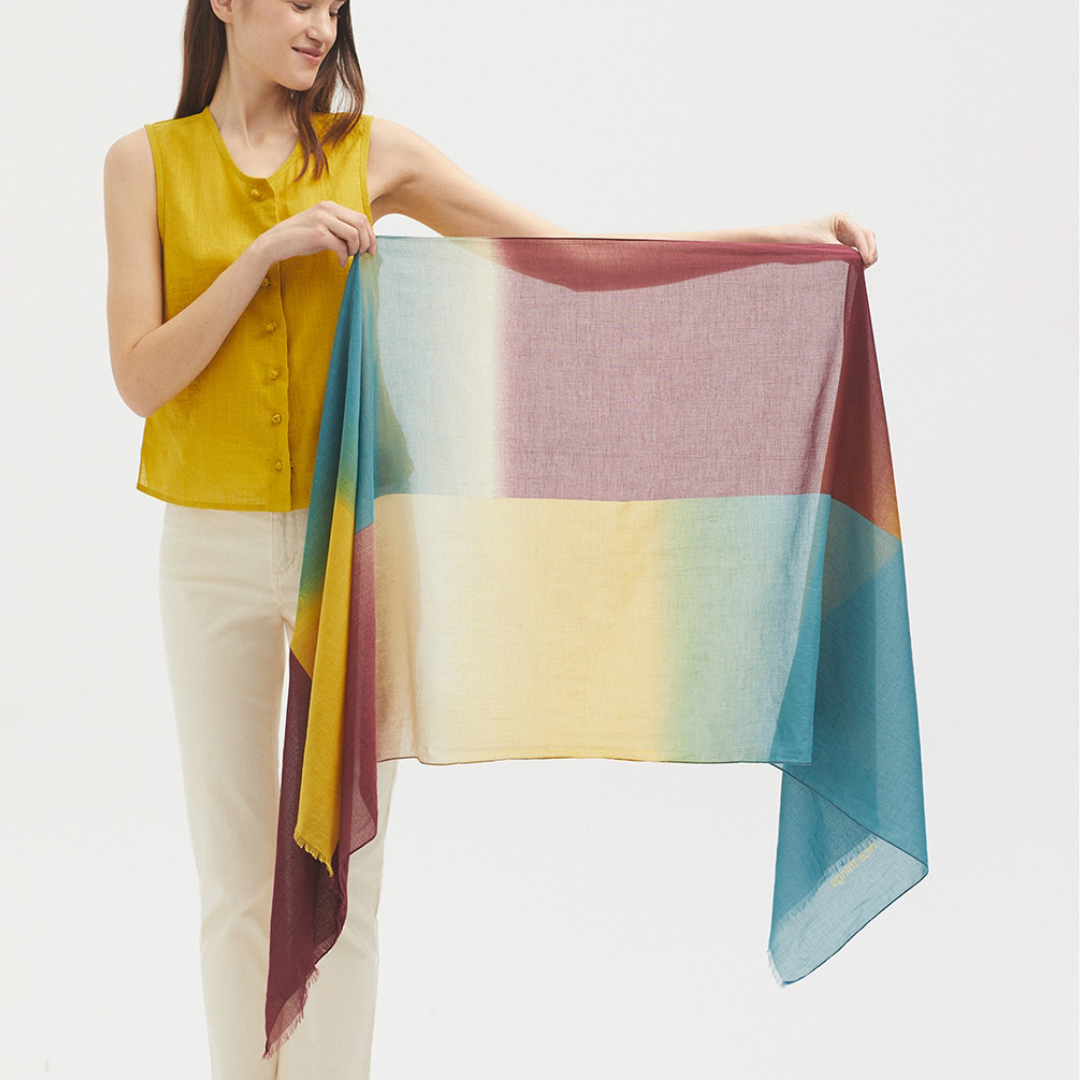 Large ombre rectangular scarf in teal, yellow, and burgundy.