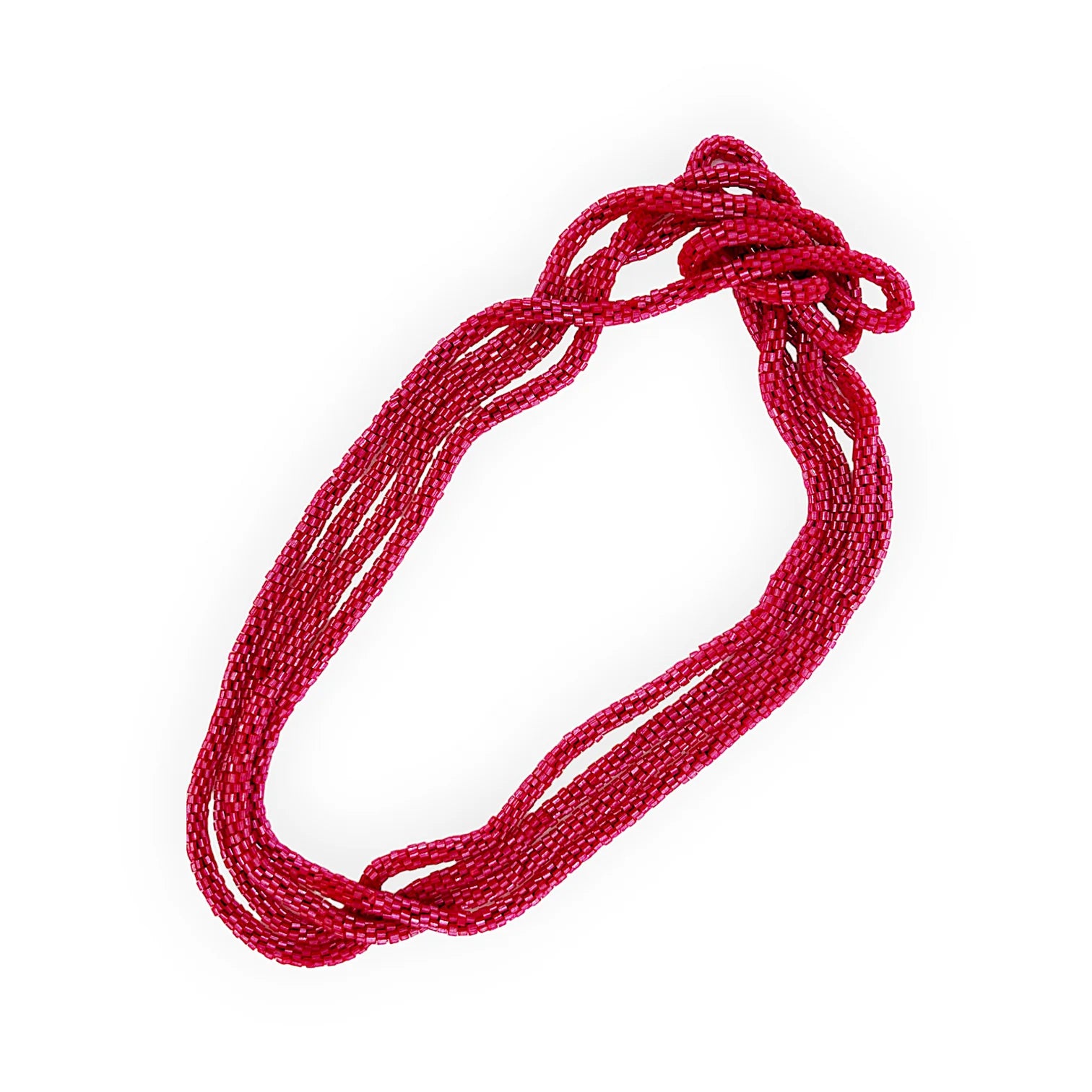 Crimson beaded necklace, multiple strands, loosely knotted.