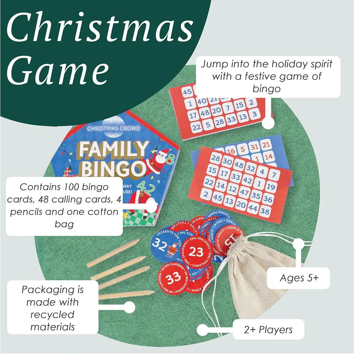 Family bingo game set with cards, markers, and packaging on a green background
