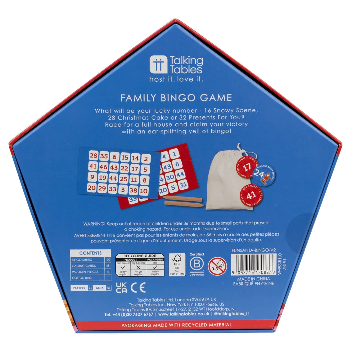 Back of a Talking Tables Family Bingo Game packaging with text and illustrations.