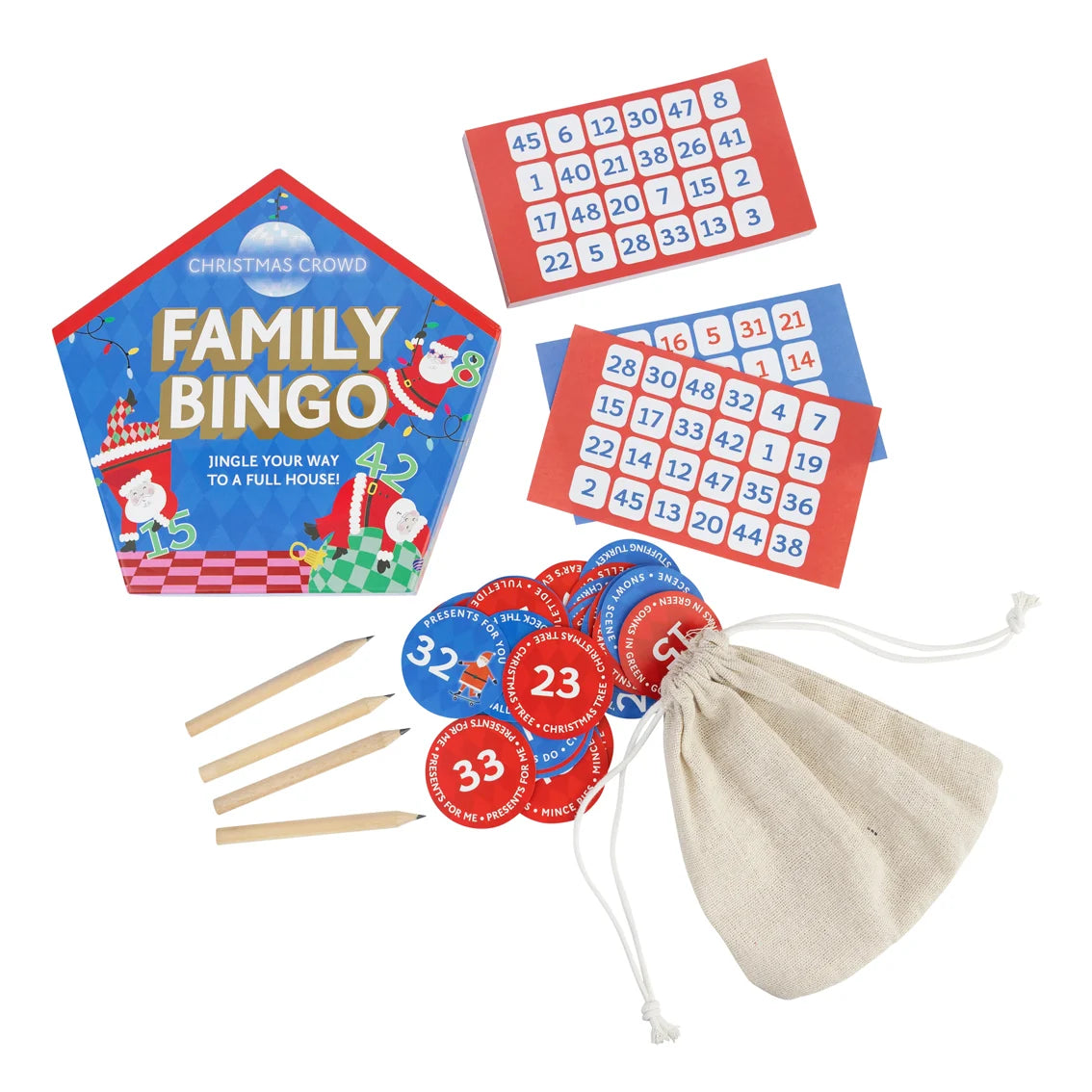 Family bingo game set with cards, markers, and a bag on a white background