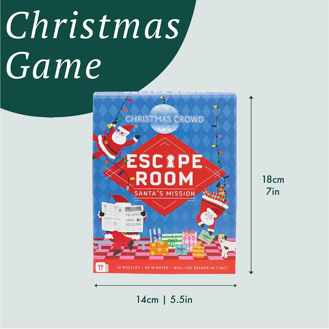 Christmas-themed escape room game packaging with dimensions on a light gray background