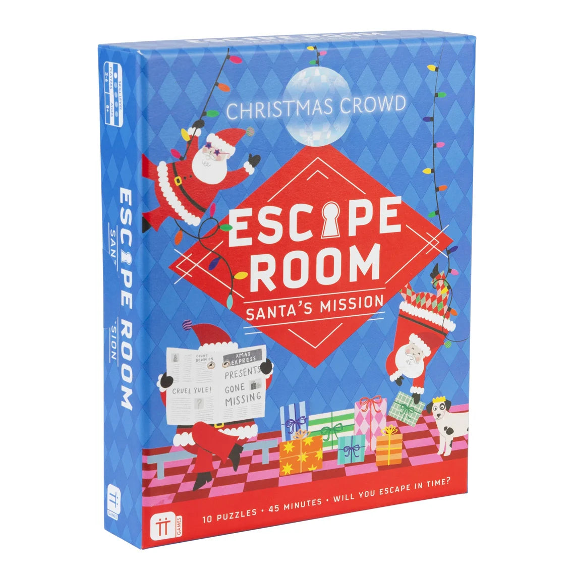 The product packaging for the 'Escape Room Santa's Mission' by Christmas Crowd, featuring a festive blue box with illustrations of Santa Claus, gifts, and a red diamond-shaped title graphic.