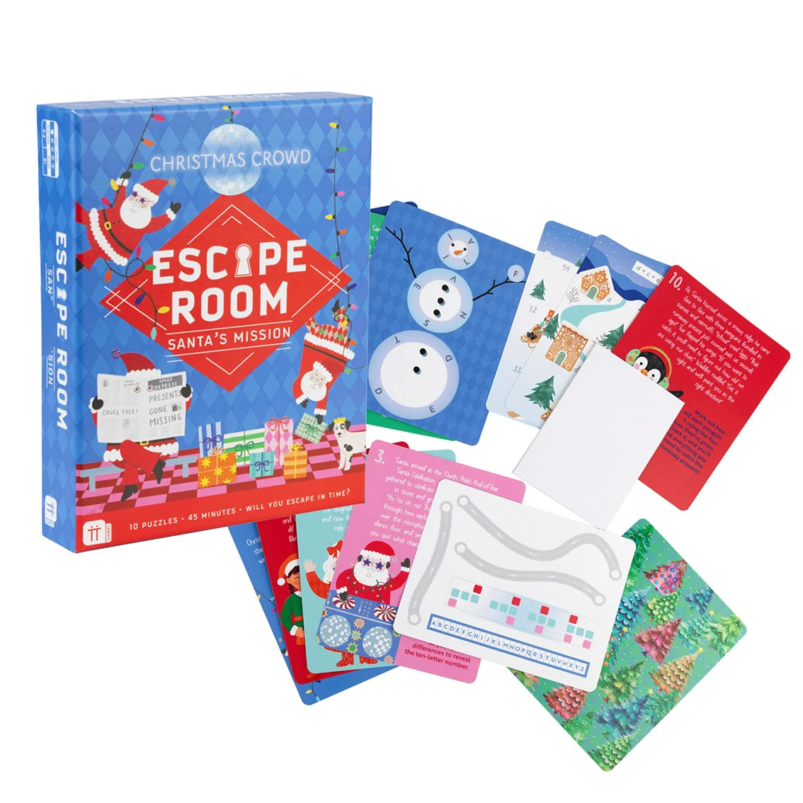 Christmas-themed escape room game with cards and box on a white background