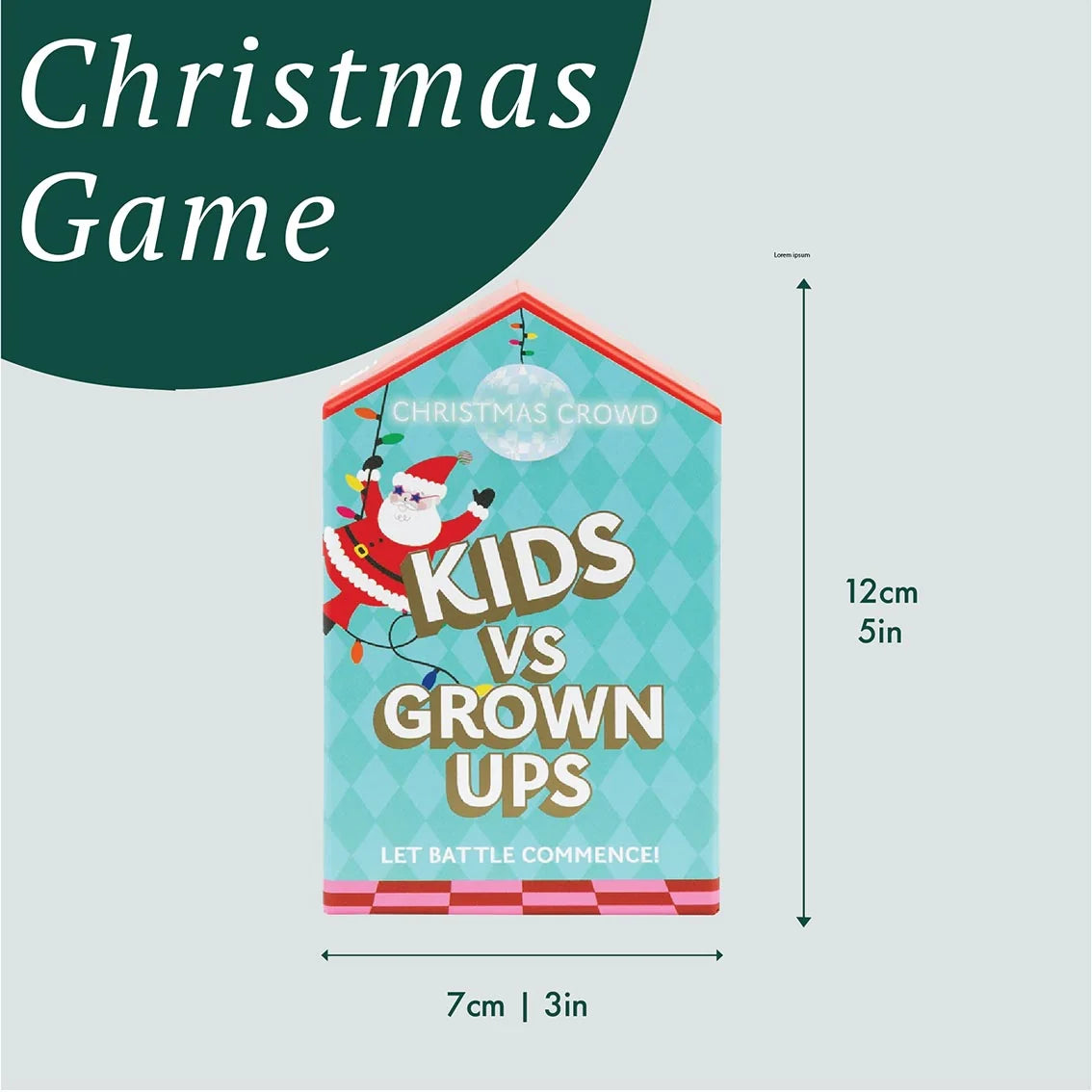 Christmas-themed game packaging with Santa Claus illustration and text, showing dimensions on a light gray background.