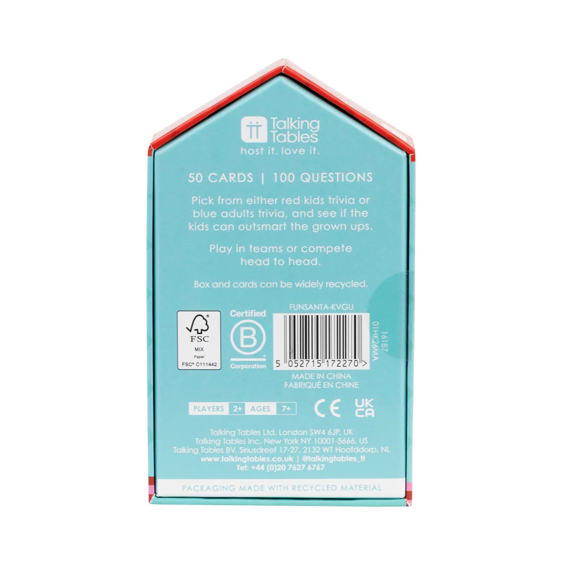 Back of a card game packaging with text and logos on a white background