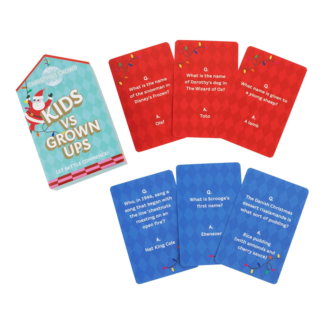 Card game with blue and red cards featuring trivia questions and answers on a white background.
