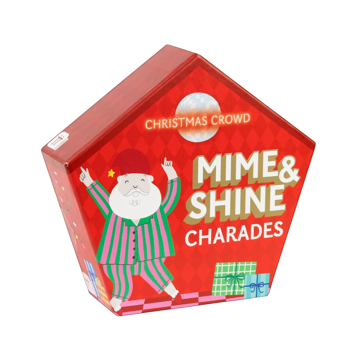 Hexagonal box of 'Mime & Shine Charades' game by Christmas Crowd on a white background
