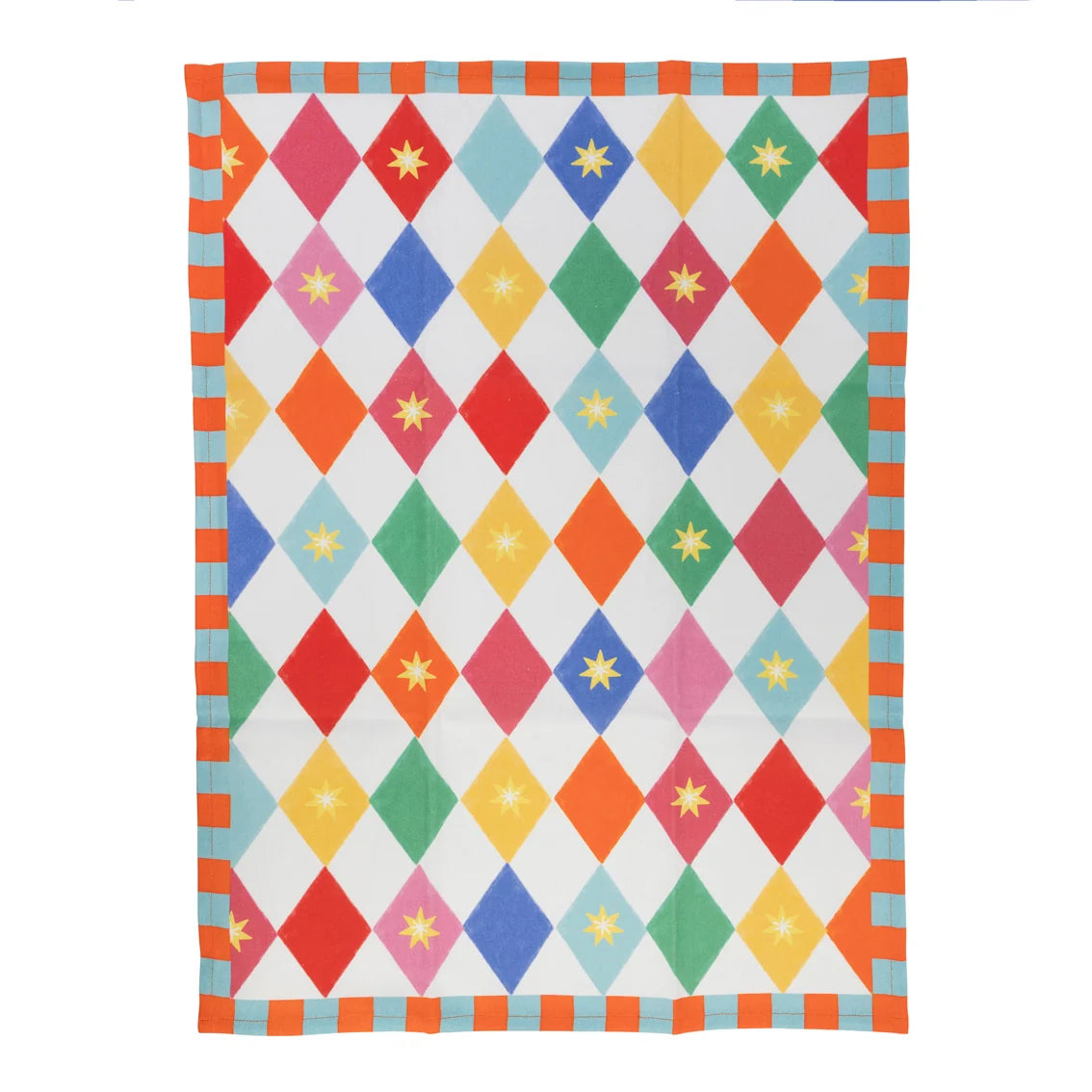 A square textile item, likely a tea towel or blanket, featuring a colorful harlequin diamond pattern with yellow star accents on a white background, finished with an orange and light blue striped border.