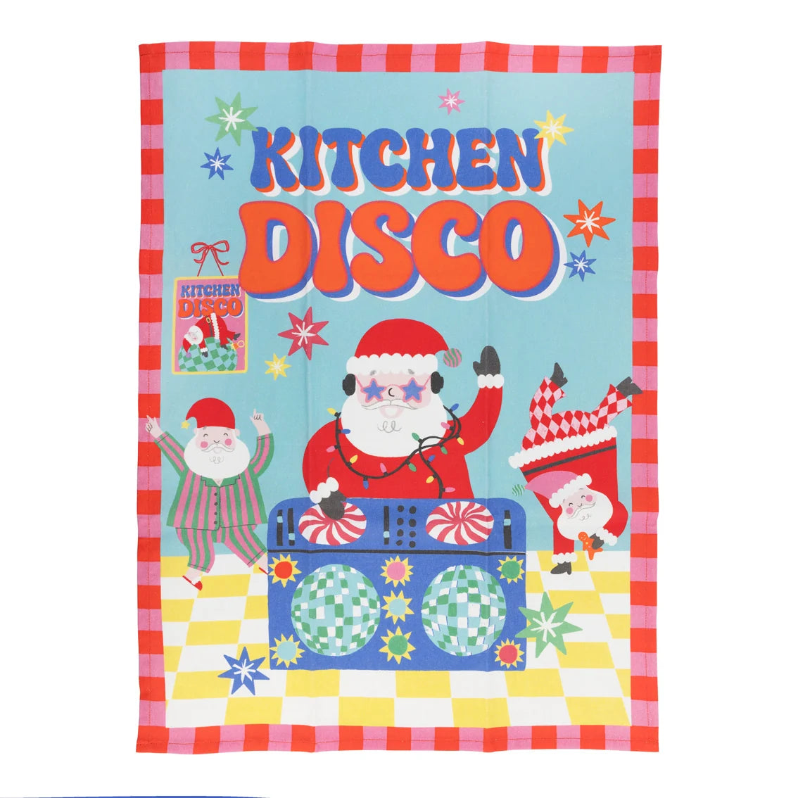 Colorful towel with 'Kitchen Disco' text and festive design on a white background