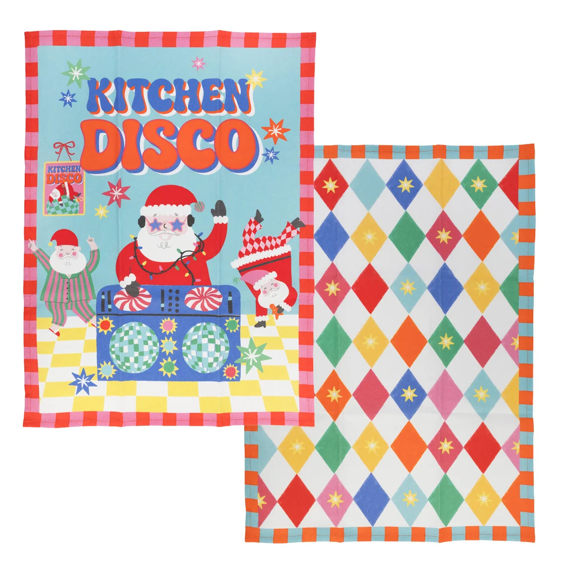 Two kitchen towels shown on a white background. The left towel features a colorful retro 'Kitchen Disco' design with Santa Claus, a boombox, and candy canes.